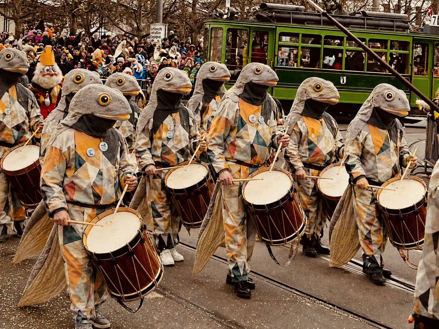 Die Trommelgruppe Kaulquappe in Frosch-Masken und bunten Harlekin-Kostümen am Cortège der Basler Fasnacht, im Hintergrund ein grünes Basler Tram